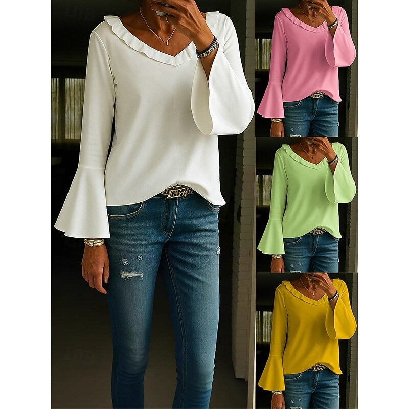 Women's Tunic Solid Color Elegant Vintage Stylish Long Sleeve V Neck Regular Tops Daily White Yellow Pink Green Spring Fall