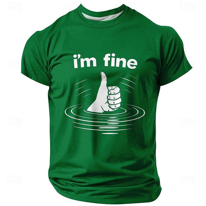 Men's Humorous "I'm Fine" Drowning Thumbs Up Short Sleeve Graphic Tee3