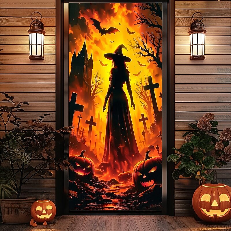 Halloween Door Cover – Silhouette of Witch in Fiery Portal, Haunted House Entrance Banner, Scary Outdoor 2025 Halloween Decoration for Bedroom, Living Room, Bathroom