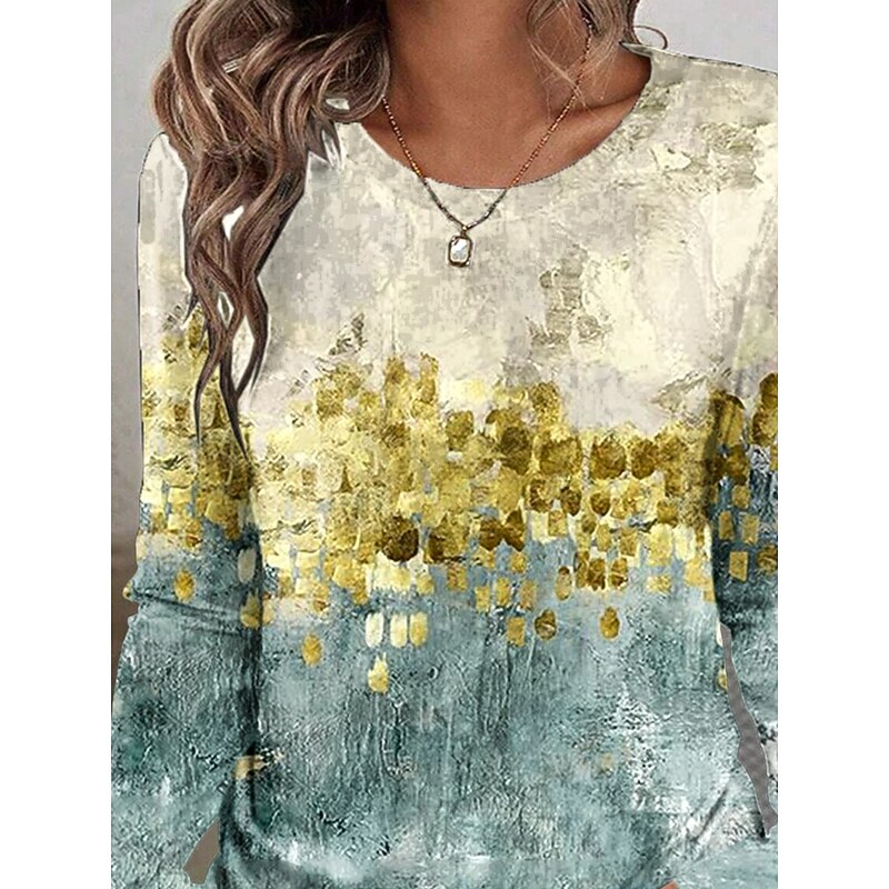 Women's T shirt Crew Neck Long Sleeve Tunic Ombre Graphic Texture Vintage Stylish Classic  Round Neck Regular Tops Daily Print Jade Fall2