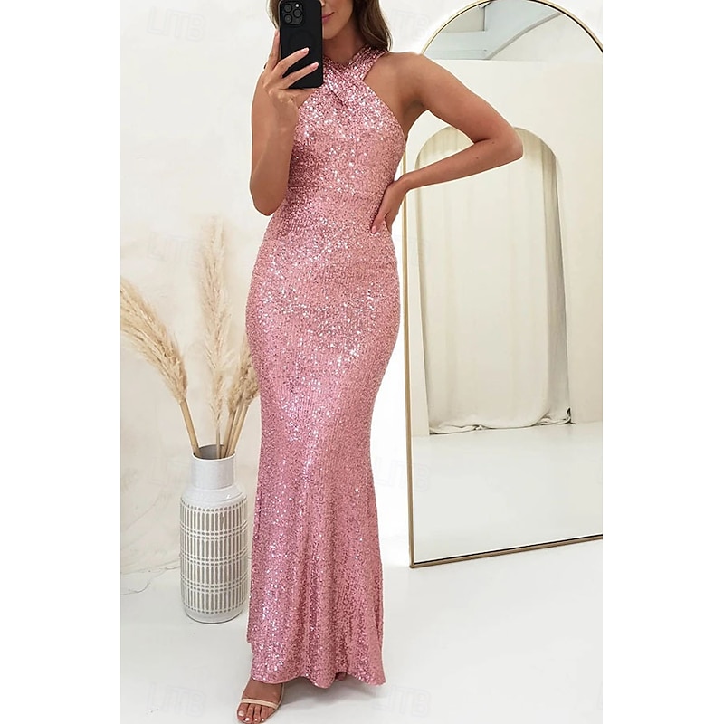 Women's Long Dress Maxi Dress Sequin Dress Cocktail Dress Elegant Dress Fashion Modern Evening Party Cocktail Party Regular Fit Plain Sleeveless Halter Neck Black Pink Red Green Summer Spring2