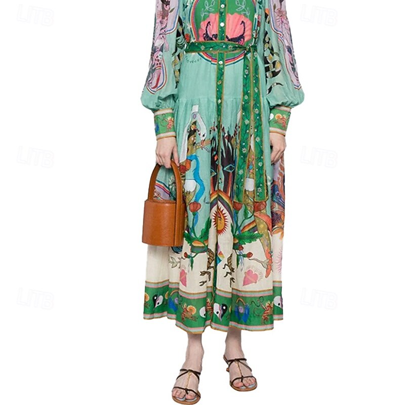 Women's Midi Dress Shirt Dress Print Dress Fashion Classic Modern Outdoor Holiday Going out Regular Fit Flower Long Sleeve Shirt Collar Green Fall3