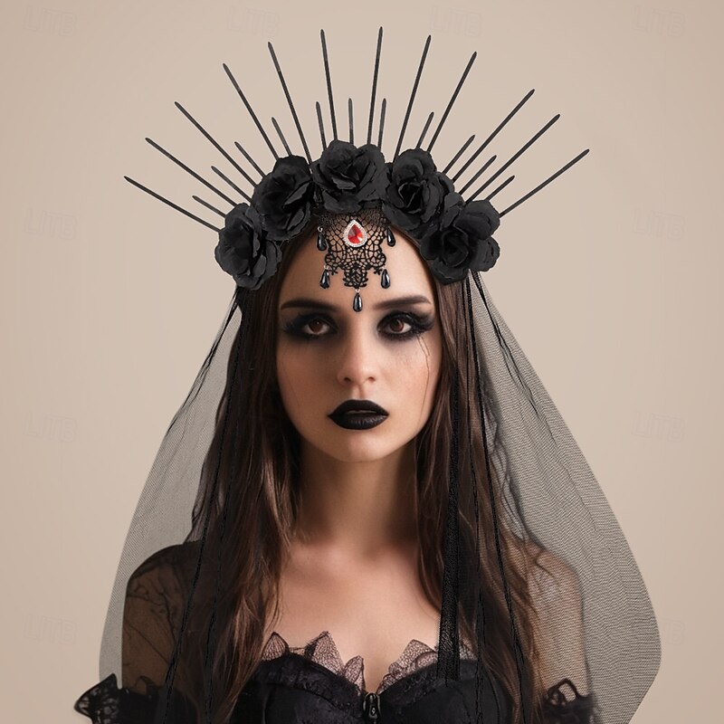 Ghostly Bride Black Rose Halloween Headband Crown with Veil Horror Scary Gothic Adults' Women's Halloween Carnival Performance Party Easy Halloween Costumes Dress Up