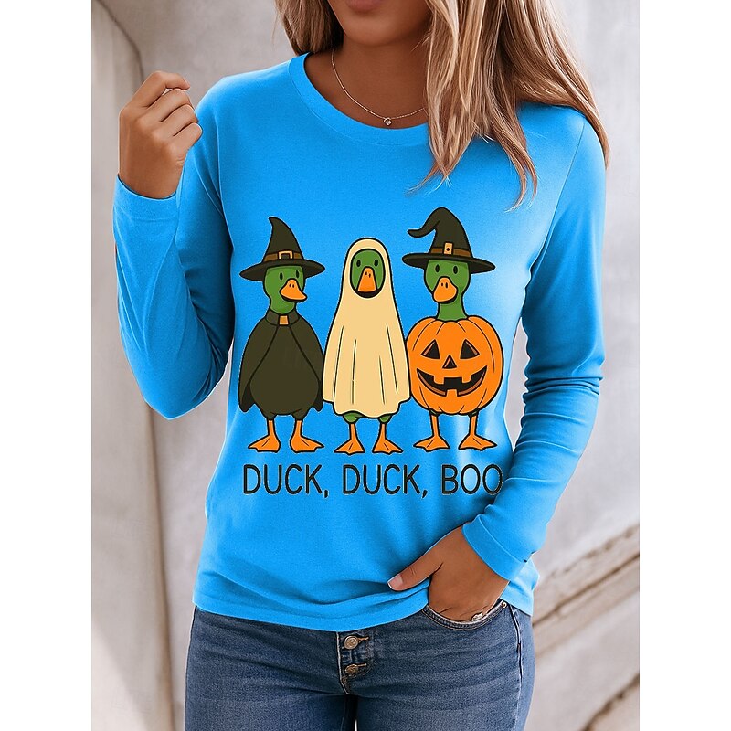 Halloween Women's T shirt Ghost Crew Neck Long Sleeve Tunic Graphic Pumpkin Duck Vintage Stylish Classic Regular Tops Daily Print Blue Purple Orange Green Spring Fall3