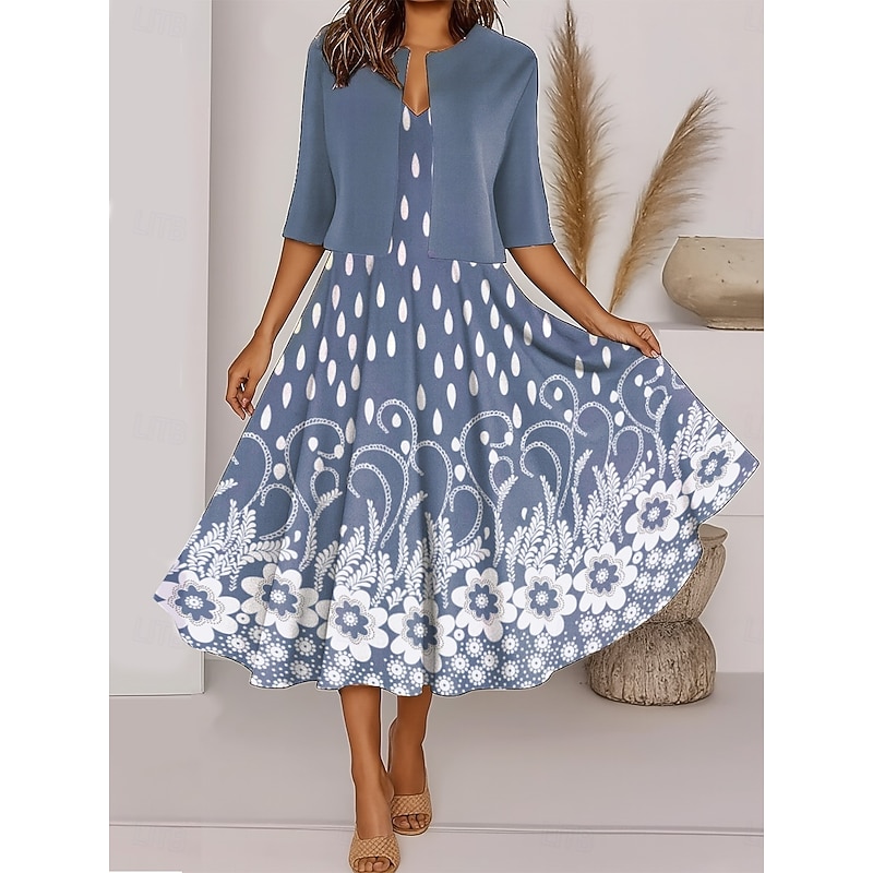 Women's Two Piece Dress Sets Midi Dress with Jacket Elegant A Line Dress Half Sleeve Casual Semi Formal Ombre Floral Print V Neck Date Black Blue Purple Regular Fit3