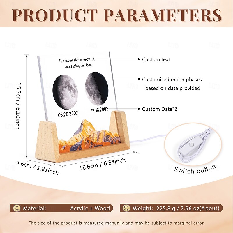 1 PC  Personalized Acrylic Night Light That Can Be Customized Based On A Specific Date To Show The Moon Phase With Options To Customize Text And Date. This Makes It A Personalized Gift For Lover2