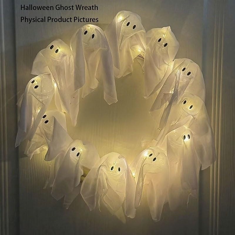 Halloween Ghost Wreath 12 LED Light-Up White Ghost Garland with LED Lights Spooky Indoor & Outdoor Hanging Decoration for Front Door2
