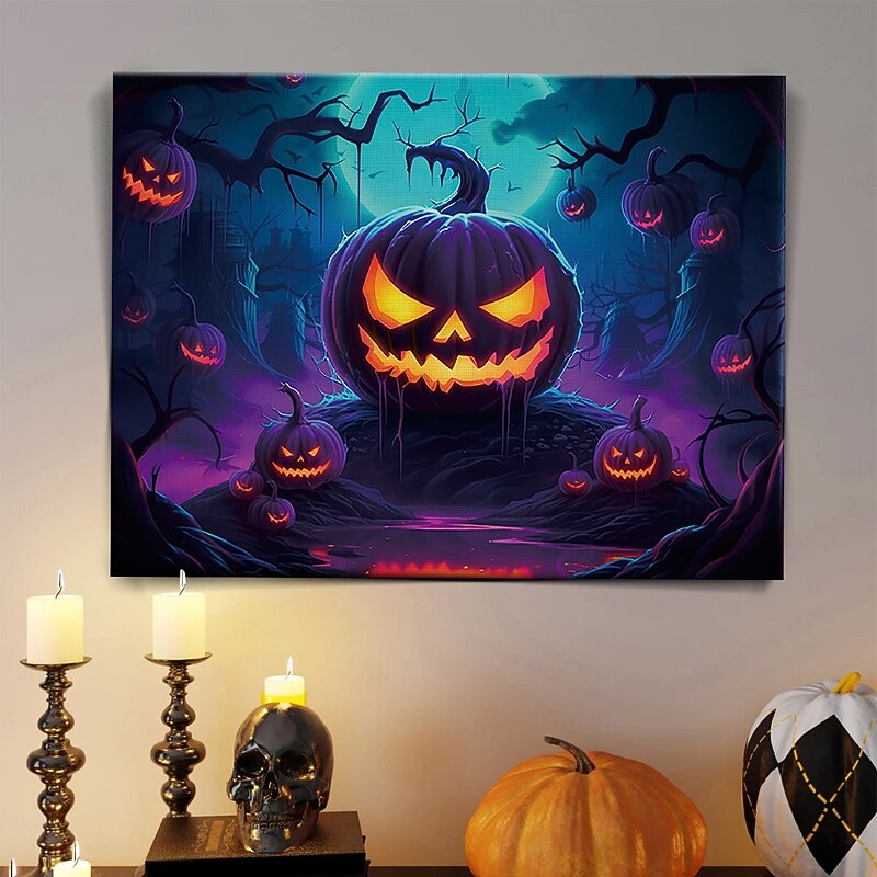 Halloween Glowing Pumpkin Face LED Canvas Wall Art - Battery Operated Lighted Wall Decor for 2025 Halloween home decoration light livingroom and bedroom2