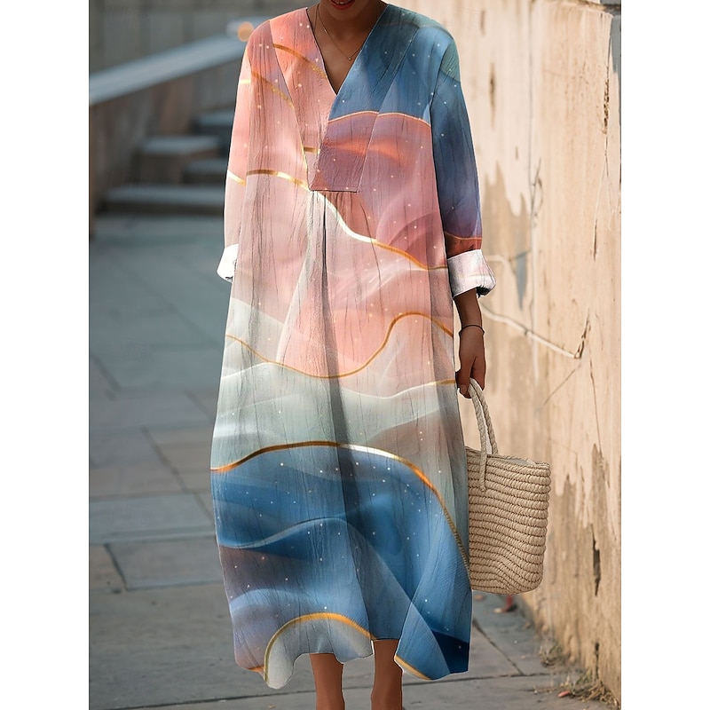 Women's Midi Dress V Neck Long Sleeve Kaftan Lightweight Loose Fit A Line Dress Casual Boho Going out Loose Fit Ombre Graphic Long Sleeve V Neck Blue Light Purple Orange Fall
