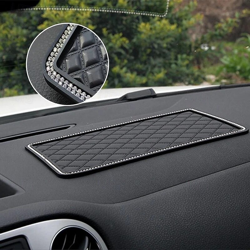 Car Rhinestone Anti Slip Mat, Bling Feather Design Dashboard Phone Pad, Non-Slip Car Interior Decor Mat for Mobile Phones and Small Items
