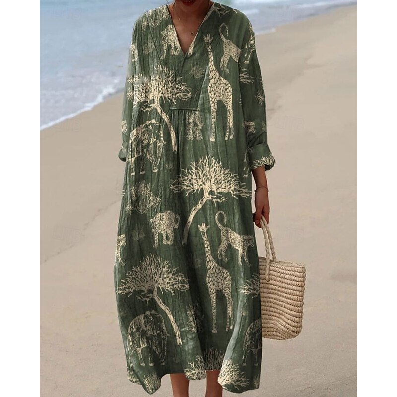 Women's Midi Dress Casual Dress Print Dress Fashion Modern Daily Beach Weekend Regular Fit Floral Long Sleeve V Neck Black Yellow Green Spring Fall2