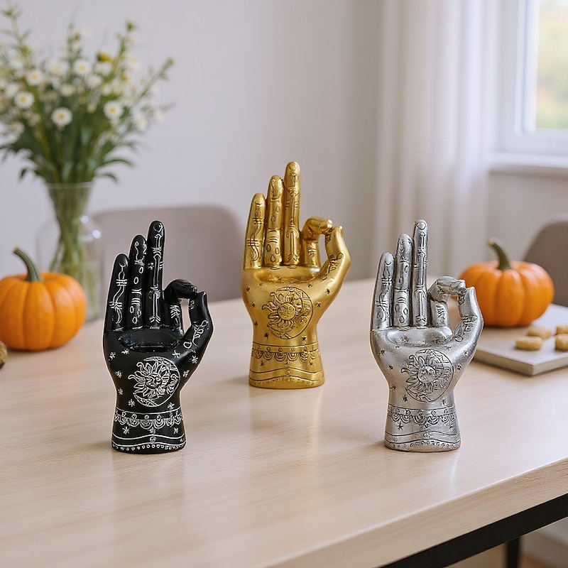 Halloween Resin Right Hand Statue with Three-Finger Sun Pattern, Spooky Art Decor Candle Holder, Horror Design Element for Home Decor, Halloween Parties, and Day of the Dead Celebrations2