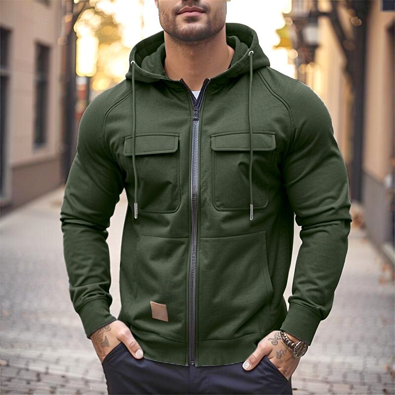 Men's Hoodie Full Zip Hoodie Wine Red Black Army Green Khaki Gray Hooded Plain Zip Up Front Pocket Tactical Sports & Outdoor Casual Streetwear Cool Sportswear Spring &  Fall Clothing Apparel Hoodies4