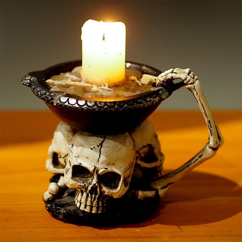 Halloween Statue Skull Candle Holder Tray Spooky Entryway Tabletop Organizer Gothic Resin Decor Halloween Theme Decoration Display Prop for Haunted House or Party