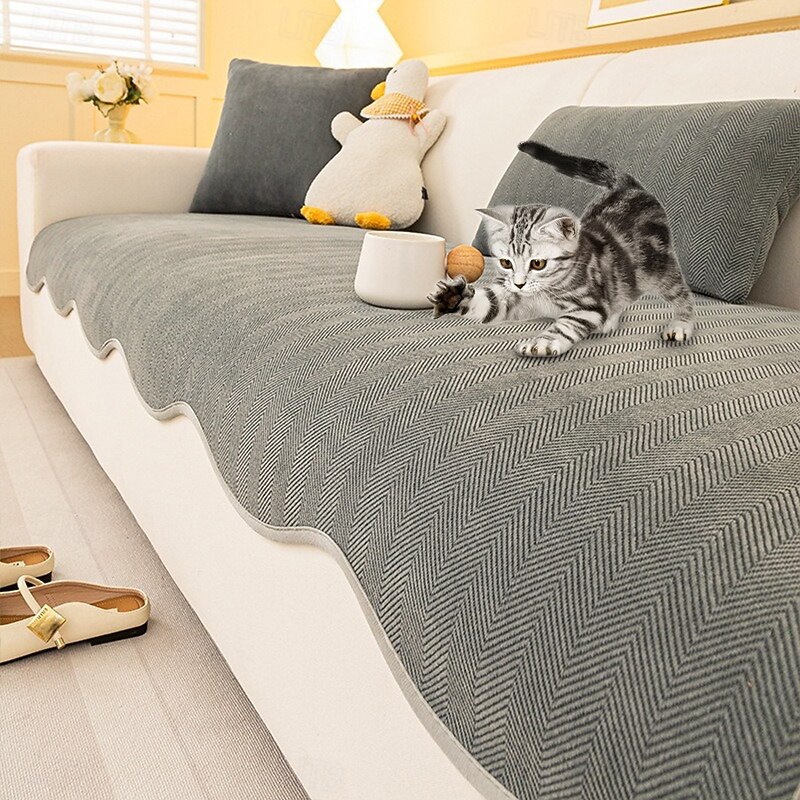 Minimalist Herringbone Sofa Cover For Dog Chenille Non-Slip Wavy Edge Couch Cover Pet Friendly2