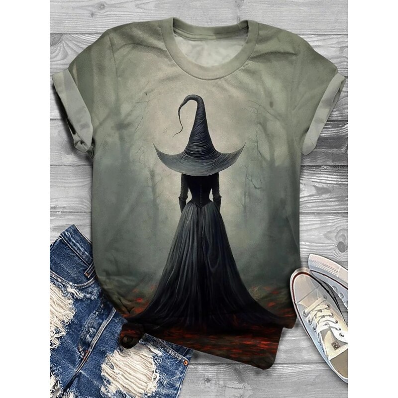 Halloween Women's T shirt Witch Graphic Vintage Stylish Classic Short Sleeve Crew Neck Regular Tops Daily Weekend Print Sage Green Yellow Blue Orange Gray Summer Spring Fall2
