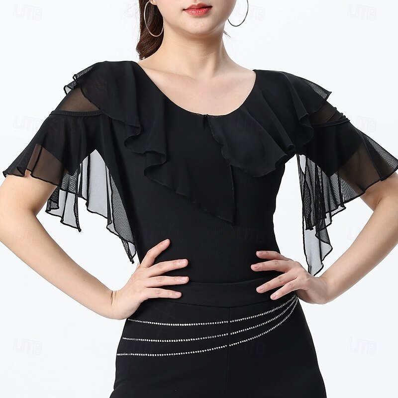 Latin Dance Top Ruffles Pure Color Splicing Women's Performance Training Short Sleeve High Polyester