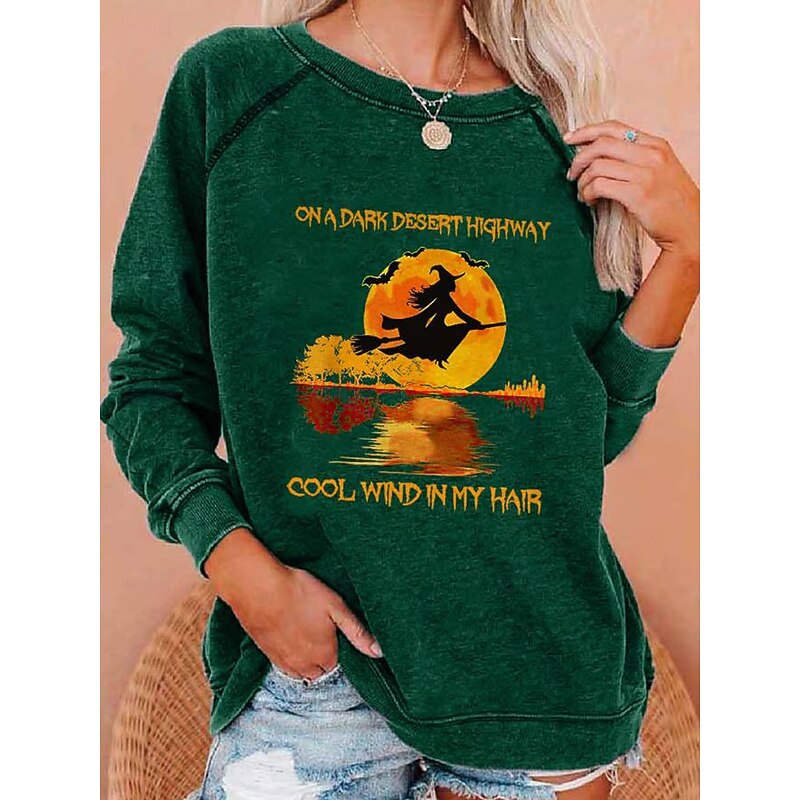 Halloween Women's Sweatshirts Witch Graphic Letter Casual Long Sleeve Crew Neck Regular Tops Casual Black Blue Orange Green Fall4