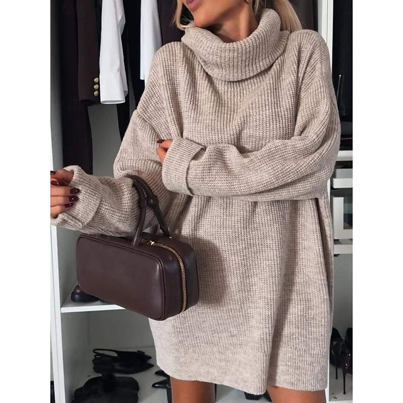 Women's Sweater Dress Daily Stylish Basic Pure Color Ribbed Turtleneck Knitted Long Sleeve Regular Tops Knit Outdoor Daily Black White Fall Winter2