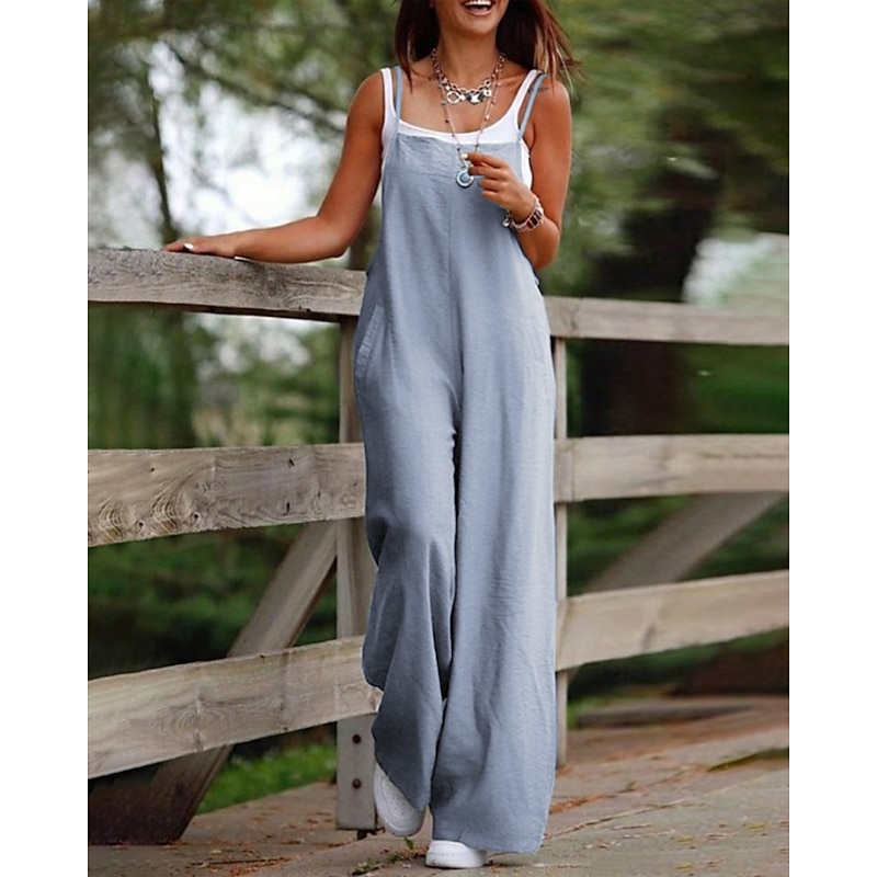 Damen Jumpsuit Cotton Linen Pants normal lässig einfarbig ärmellos U-Ausschnitt Tasche Street Ausgehen Regular Fit schwarz Armeegrün Altrosa Sommer