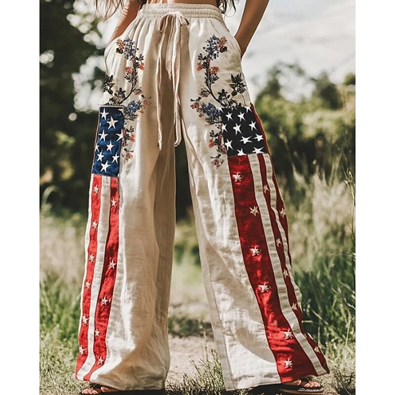 Women's Wide Leg Pants Trousers Palazzo Pants Fashion Boho Full Length High Waist National Flag Elastic Waist Drawstring Print Breathability Comfortable Street Daily Wear Going out White Spring Fall