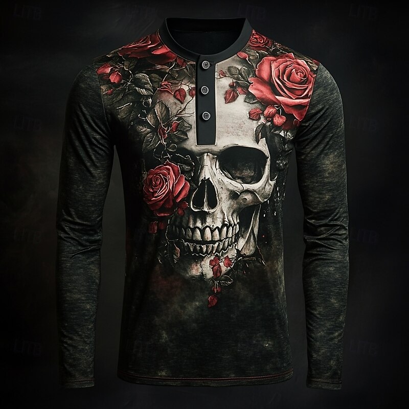 Men's Day of the Dead Graphic Skull Henley Shirt Long Sleeve Fashion Cute Daily Halloween Casual Holiday Fall Spring &  Fall Black Henley Henley T-Shirt