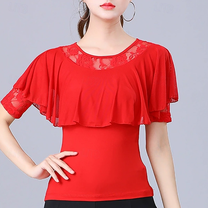Latin Dance Top Lace Pure Color Splicing Women's Performance Training Short Sleeve High Polyester2