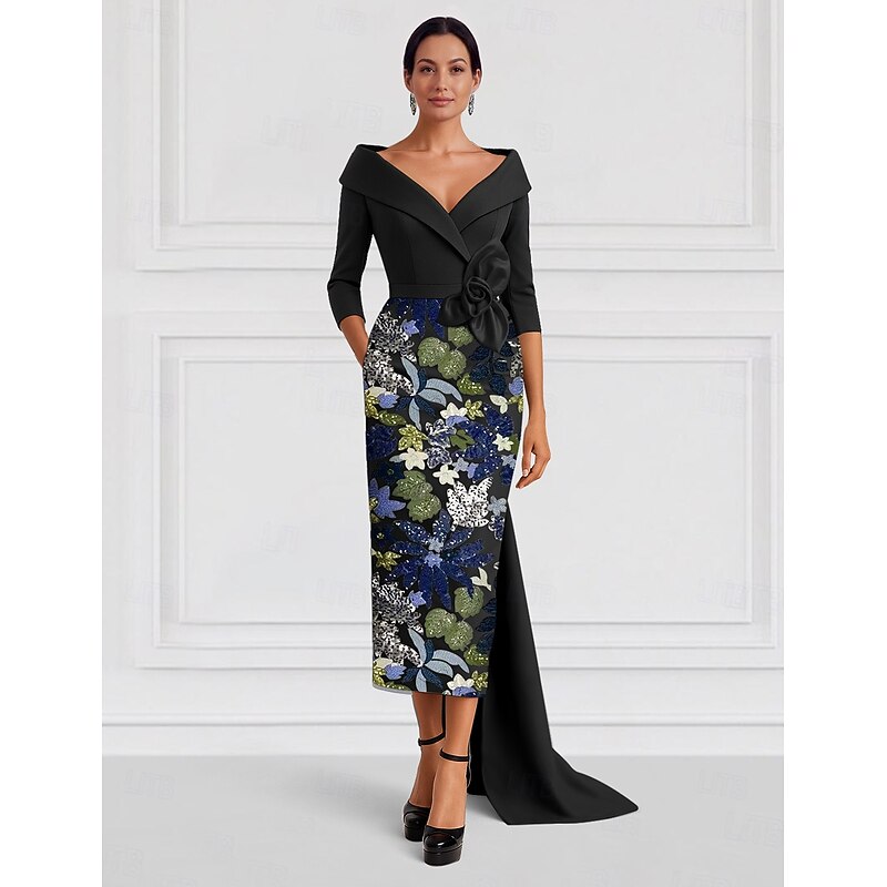 Gold Black A-Line Evening Gown Elegant Dress Formal Wedding Floor Length Half Sleeve Shirt Collar Satin with Slit Embroidery3
