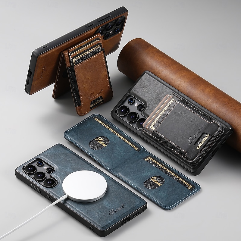 Phone Case For Samsung Galaxy S25 S24 S23 Ultra Plus S22 Plus  Ultra Back Cover Magnetic Support Wireless Charging Kickstand Retro TPU PU Leather