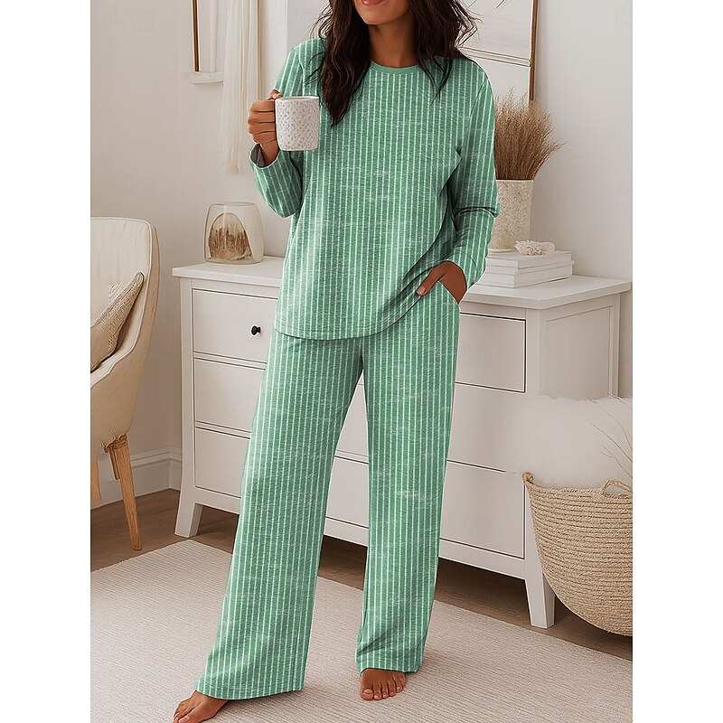 Women's Fashion T Shirt Pants Sets Long Sleeve Crew Neck Round Neck Graphic Striped Print Casual Daily Blue Purple Green Spring Regular Fit3