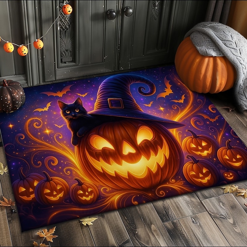 Halloween Indoor Outdoor Doormat Kitchen Mat Glowing Pumpkin Face Design, Non-Slip Front Door Mat for Porch, Entryway, Patio, Bedroom, Bathroom and 2025 Halloween Home Decoration4