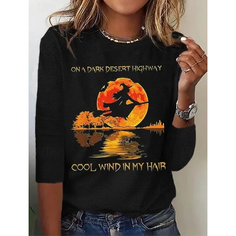 Halloween Women's T shirt Witch Long Sleeve Crew Neck Long Sleeve Tunic Ombre Graphic Stylish Modern Casual Round Neck Regular Tops Daily Print Black Red Gray Fall Prefall - Main Image