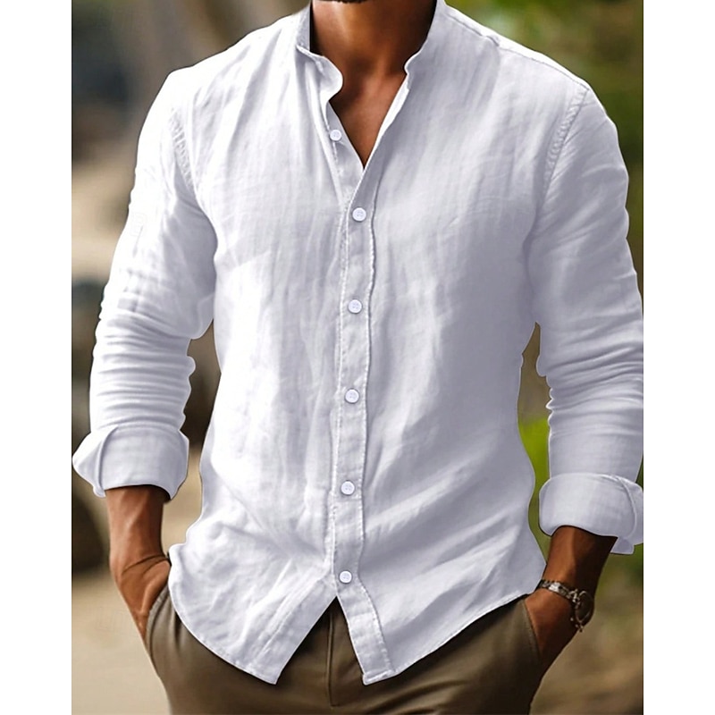 Men's Shirt Summer Shirt Casual Shirt Beach Shirt Button Up Shirt Black White Light Grey Light Blue Long Sleeve Plain Band Collar Vacation Hawaiian Clothing Apparel Polyester Fashion Casual