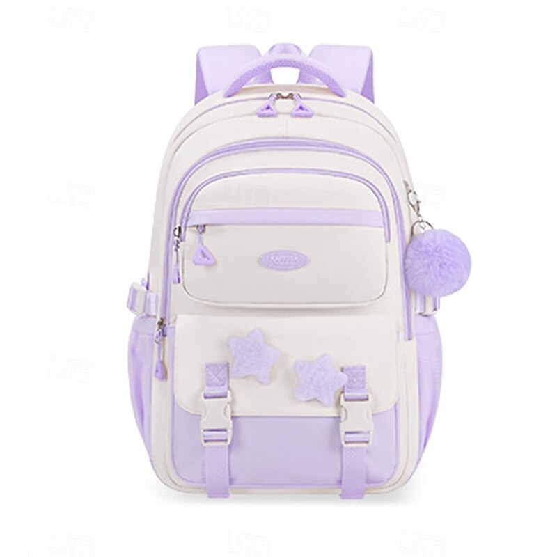 Girls' Red and White School Backpack – Cute Large Capacity Bookbag with Star Patches and Pom-Pom Charm for Teens4