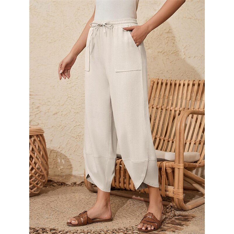 Women's Cotton Linen Pants Chinos Fashion Basic Full Length High Waist Plain Pocket Drawstring Comfort Outdoor Micro-elastic Vacation Street Daily Army Green Black Blue Khaki Summer Spring Fall Loose