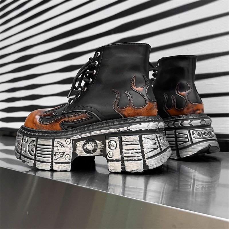Men's Gothic Flame Platform Combat Boots – Steampunk Chunky Sole Lace-Up Ankle Boots for Punk Rock Parties & Cosplay2