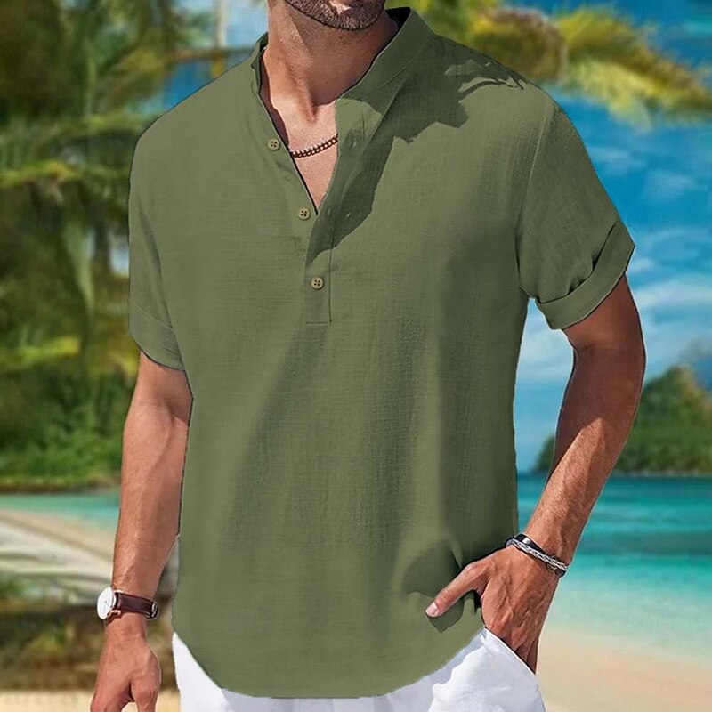 Men's Shirt Linen Shirt Summer Shirt Beach Wear Plain Vacation Casual Blue Green Khaki Short Sleeve Mandarin Collar Summer Spring & Summer Clothing Apparel Color Block2