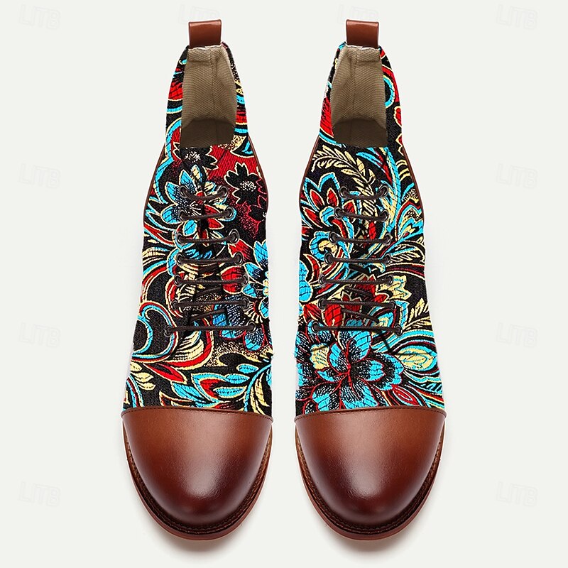 Men's Floral Jacquard Fabric Lace-Up Ankle Boots – Artistic Bohemian Style Boots for Festivals, Street Fashion and Holiday Travel4