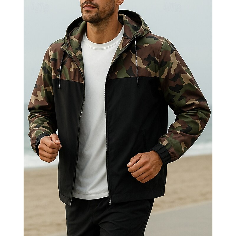 Men's Running Jacket Outdoor Jacket Hooded Jacket Pocket Long Sleeve Top Athleisure Camo / Camouflage Windproof Outdoor Running Yoga Sportswear Activewear Red Blue Green