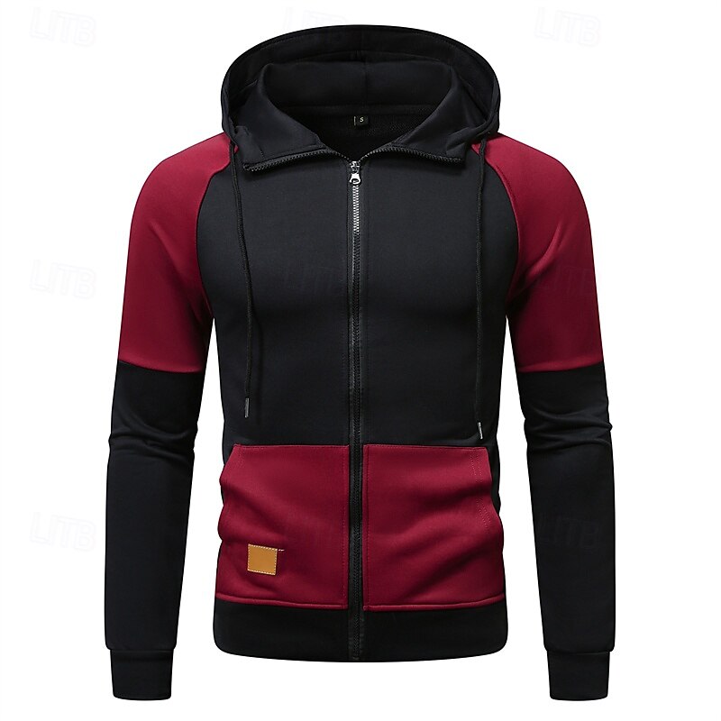 Men's Hoodie Full Zip Hoodie Red Blue Brown Green Khaki Hooded Color Block Patchwork Pocket Sports & Outdoor Daily Holiday Polyester Streetwear Basic Casual Spring Fall Clothing Apparel Hoodies
