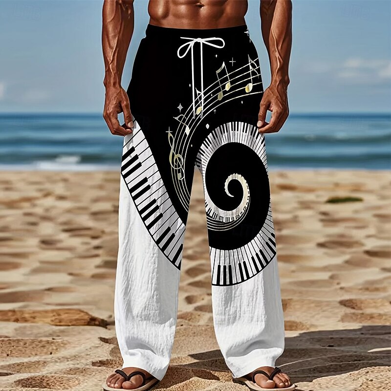 Men's Piano Musical Notes Swirl Trousers Baggy Pants Casual Pants Mid Waist Vintage Retro Outdoor Vacation Elastic Drawstring Waist Linen-Like Pants with Pockets Summer Spring 3D Print Black White2