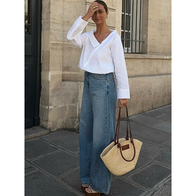 Women's 100% Cotton Shirt Plain Elegant Vintage Daily Long Sleeve Asymmetrical Regular Tops Work Daily Holiday Asymmetric White Spring Fall3