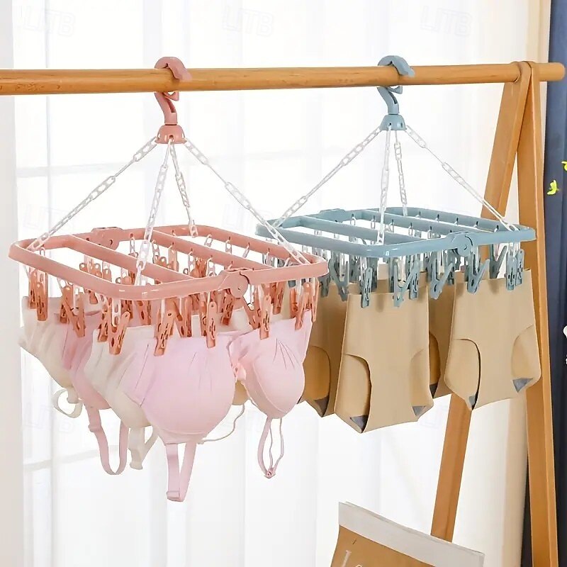 3PCS Rotating 32-Clips Plastic Drying Hanger, Foldable Space-Saving Clothes Rack for Socks, Underwear & Small Items, Laundry Room Accessories for Bedroom, Bathroom, Closet & Dorm2