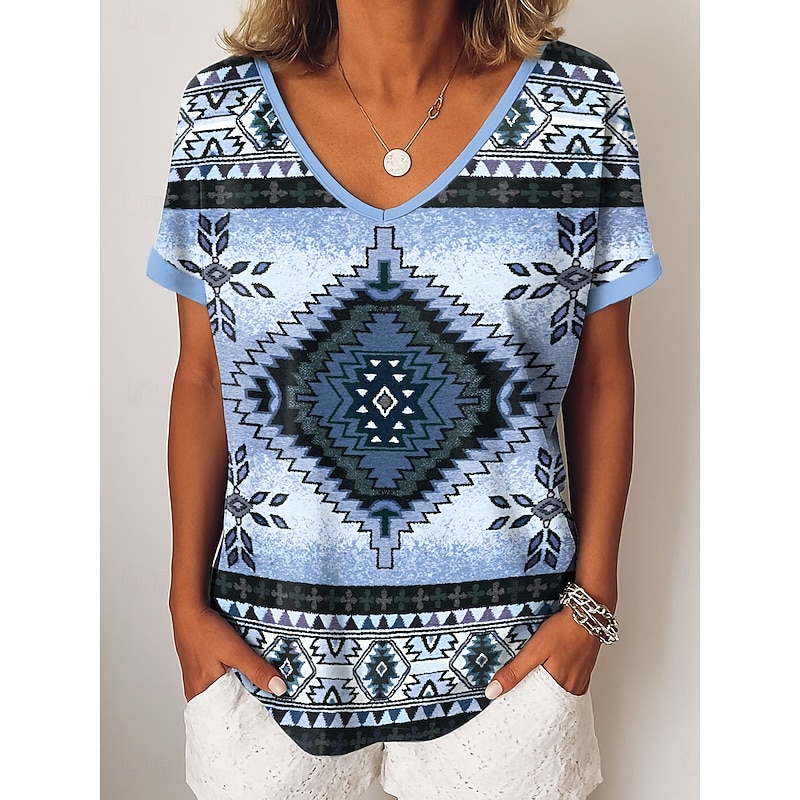 Women's T Shirt Graphic Tribal Vintage Casual Short Sleeve V Neck Regular Tops Daily Weekend Vacation Wear Print Blue Purple Green Khaki Summer Spring2