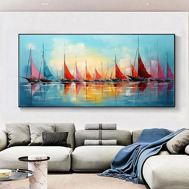 Handmade Oil Painting Canvas Wall Art Decoration Modern Abstract Sailing Boat Landscape for Living Room Home Decor Stretched Frame Hanging Painting/Rolled Frameless Unstretched Painting4
