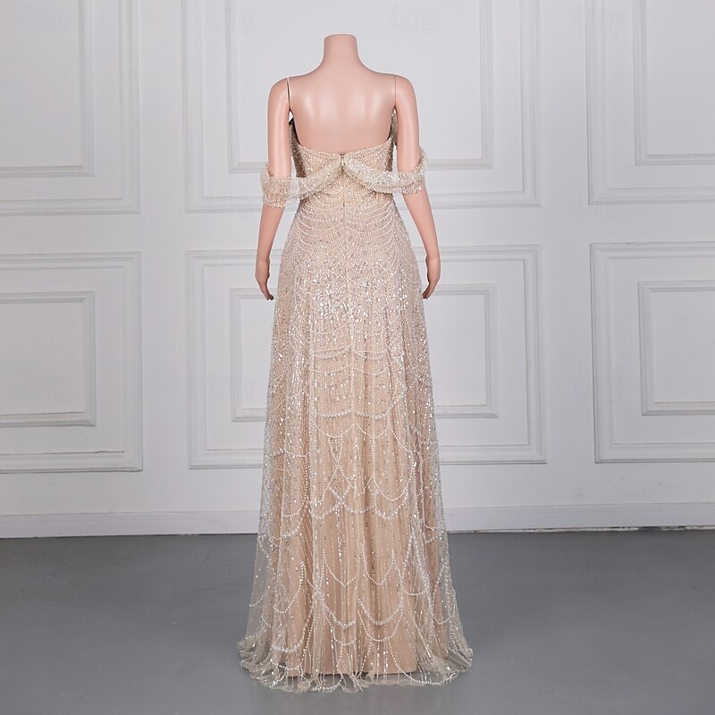 Mermaid / Trumpet Evening Gown Elegant Dress Formal Prom Sweep / Brush Train Sleeveless Off Shoulder Lace with Pearls Sequin4