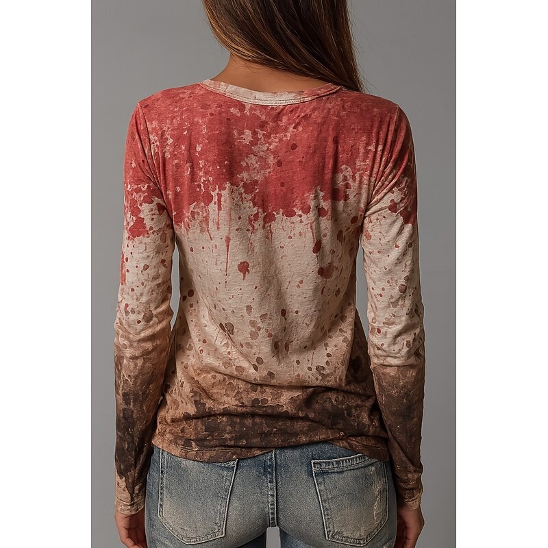 Halloween Women's T Shirt Bloodstain V Neck Long Sleeve Tunic Graphic Abstract Marble Vintage Fashion Stylish Regular Tops Daily Weekend Print Khaki Summer Fall Winter Spring, Fall, Winter, Summer2