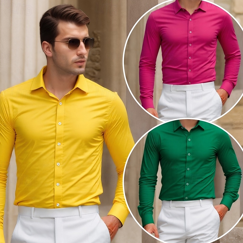 Men's Shirt Dress Shirt Tuxedo Shirts Solid / Plain Color Office & Career Daily Wear Green+Pink+Orange Green+Pink+Yellow Green+Orange+Yellow Pink+Orange+Yellow Long Sleeve Shirt Collar All Seasons2