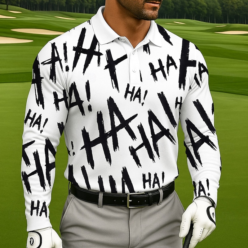 Men's Letter Polo Long Sleeve Polo Shirts Lapel Sportswear Casual Athleisure Daily Wear 3D Print Buttons Spring Fall Winter Black White