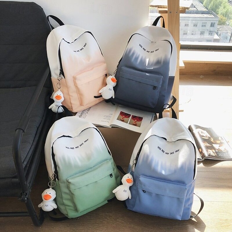 Aesthetic Gradient Backpack for Teen Girls – Lightweight School Bag with Cute Duck Keychain, Soft Pastel Bookbag for Back to School or Daily Use